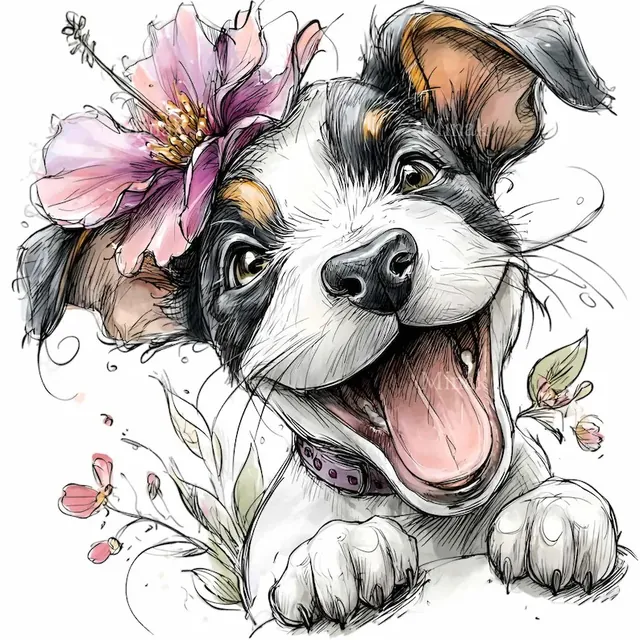 Watercolor sketch of a puppy with a flower, before separation